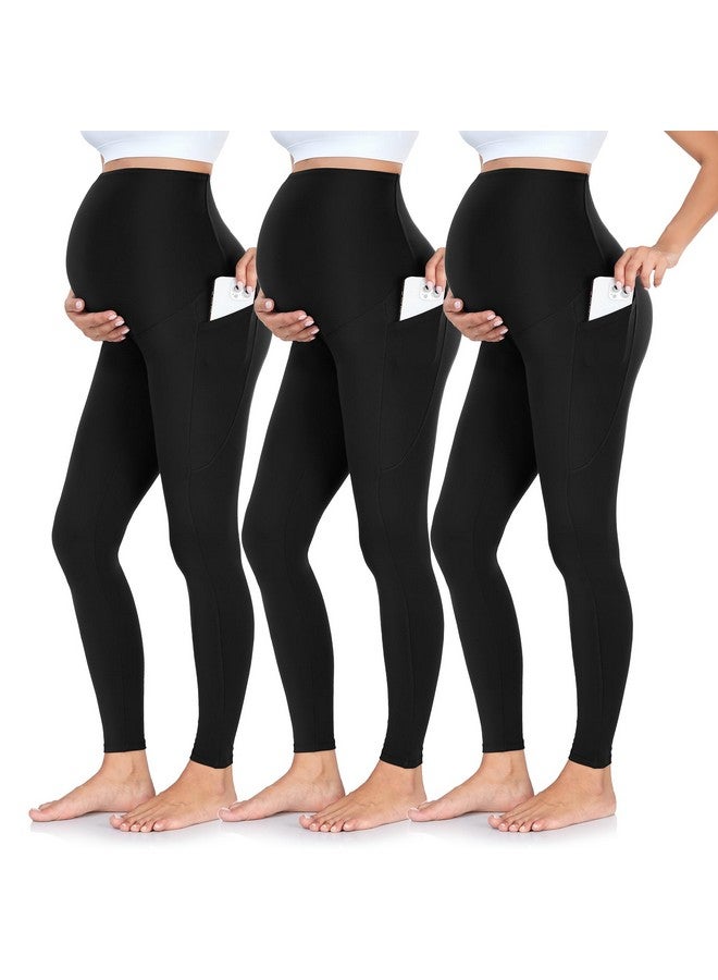 فولسوفت مجموعة من 3 قطع من طماق الأمومة للنساء من FULLSOFT فوق البطن مع جيوب - بنطال يوغا عالي الخصر للحمل، بنطال رياضي للتمرين (L، أسود)  - Image 1