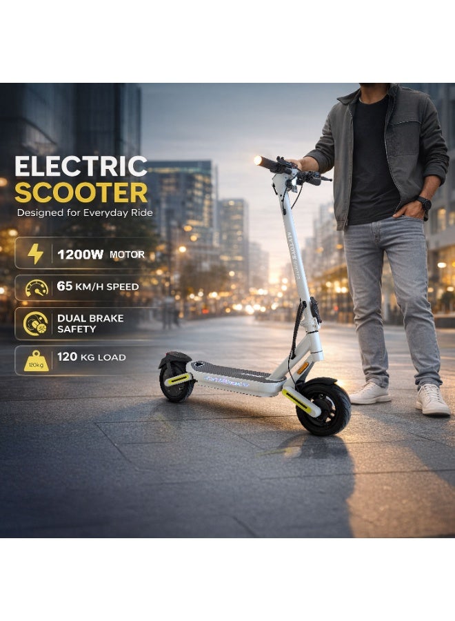 MYTOYS MT565 Electric Kick Scooter, 1200W Motor, 48V 13Ah Battery, 65 km/h Top Speed, Dual Disc Brakes, White - Image 3