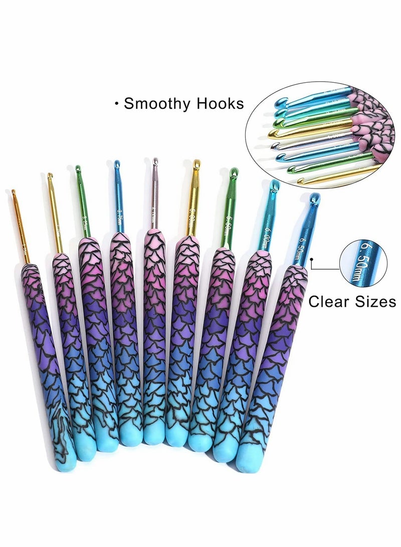 كاست ويف مجموعة خطافات الكروشيه، 9 قطع بمقبض حياكة الكروشيه حورية البحر السحرية خطاف الكروشيه 2.0-6.0 مم مجموعة الكروشيه للمبتدئين، لوازم الكروشيه الرائعة - Image 2