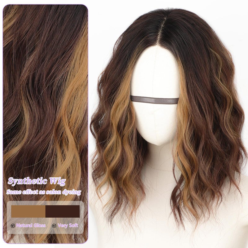 AISI HAIR 14 Inch Brown Chestnut Highlight Wigs for Women - Shoulder Length Wave Wig with Pre-Cut Lace Hairline, Middle Part Natural Wavy Bob Synthetic Heat Resistant Fiber for Daily and Party - Image 2