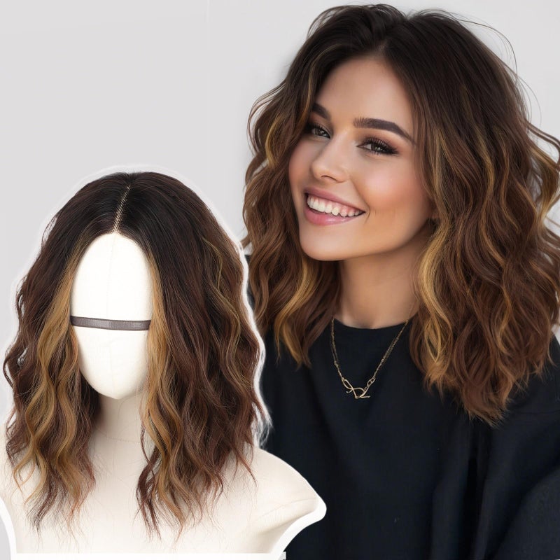 AISI HAIR 14 Inch Brown Chestnut Highlight Wigs for Women - Shoulder Length Wave Wig with Pre-Cut Lace Hairline, Middle Part Natural Wavy Bob Synthetic Heat Resistant Fiber for Daily and Party - Image 1