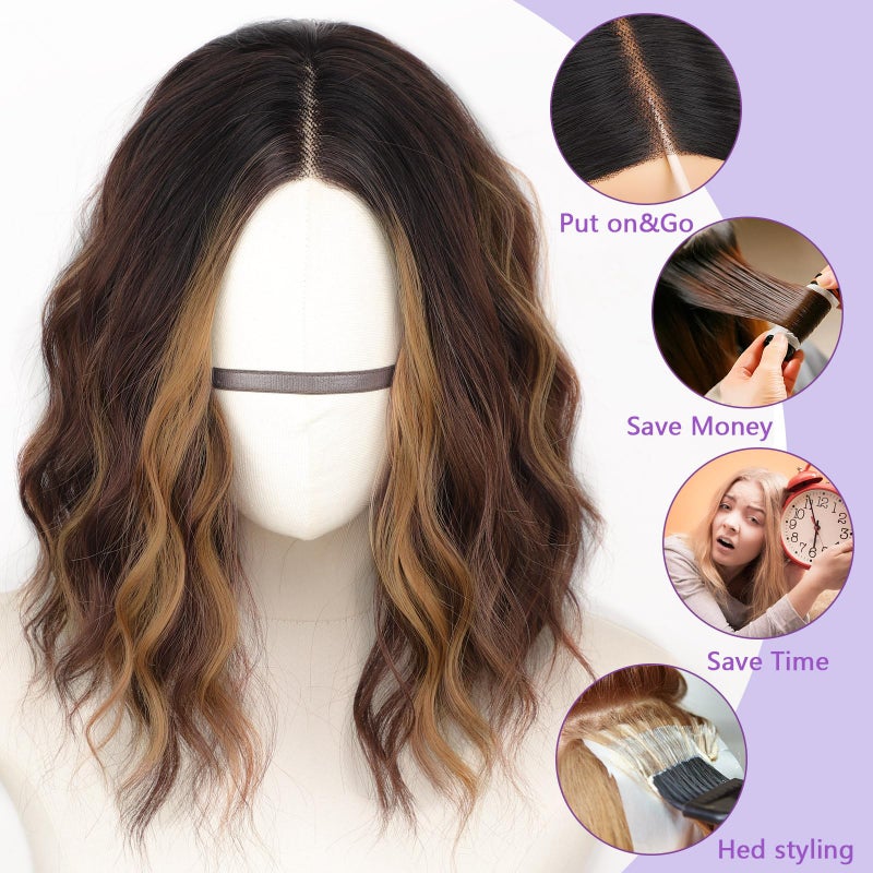 AISI HAIR 14 Inch Brown Chestnut Highlight Wigs for Women - Shoulder Length Wave Wig with Pre-Cut Lace Hairline, Middle Part Natural Wavy Bob Synthetic Heat Resistant Fiber for Daily and Party - Image 4