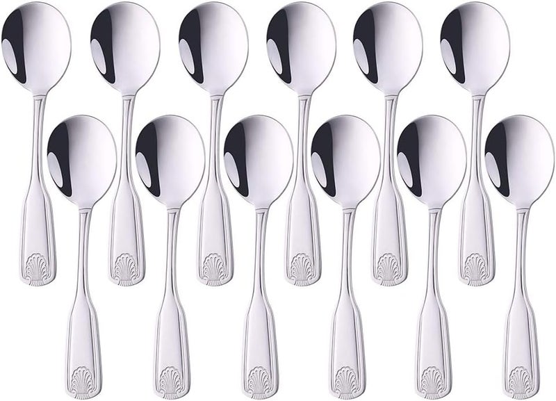 QOBIMOON 18/0 Stainless Steel Bouillon Spoons Shell Pattern 12-Piece Stainless Steel Soup Spoons Round Spoon, Use for Coffee Sugar Dessert Cake Ice Cream Soup Antipasto Cappuccino- 6.4 Inches-Silver - Image 1