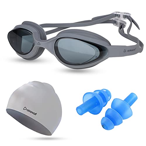 Airavat Swimming Kit, 0003 Swimming Set for Men & Women with Swimming Goggles Case, Swim Goggle, Earplugs & Swim Cap, Anti-Fog & Uv Protected, High Elasticated with Silicone Material (Grey) - Image 1