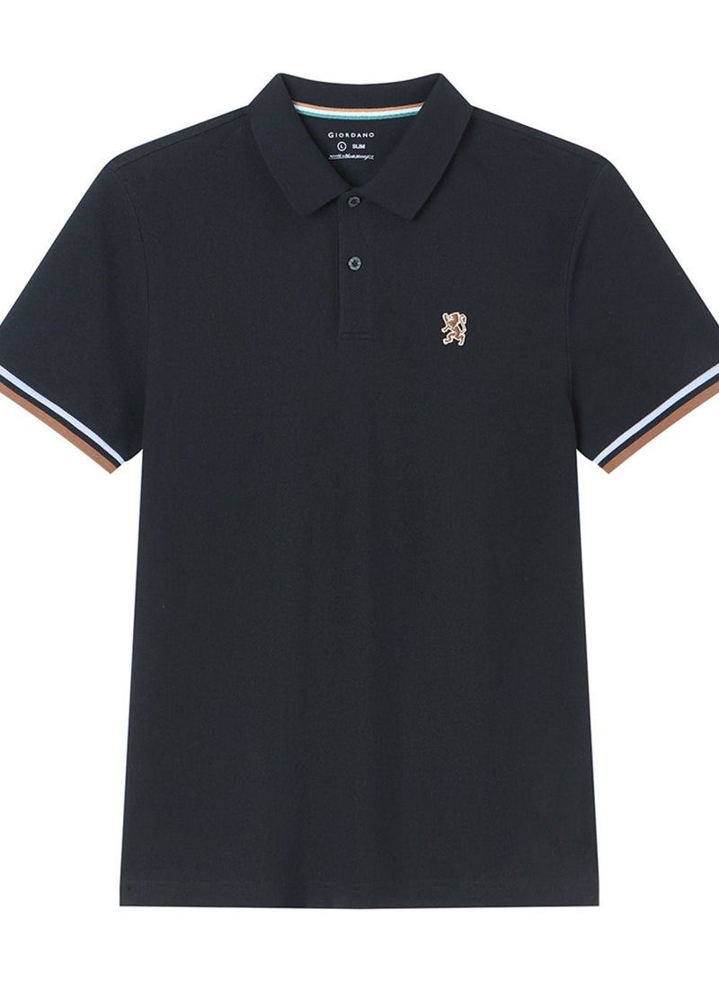 GIORDANO تي شيرت بولو قطن ضيق للرجال مع تطريز أسد صغير - Image 3