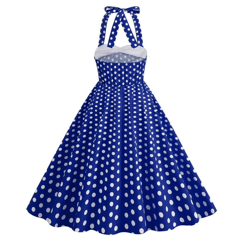 Women's Polka Dot Patchwork Halter Neck Vintage Dress 8107 - Image 4