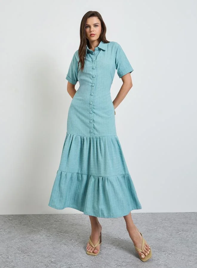 Maxim Creation teal blue Green Front Button Tiered Midi Dress for Women | Best Price UAE