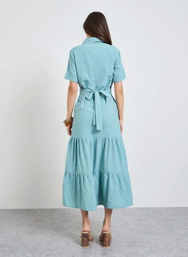 Maxim Creation teal blue Green Front Button Tiered Midi Dress for Women | Best Price UAE