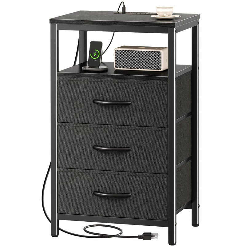 Huuger Nightstand with Charging Station, 27.6 Inch Side Table with Fabric Drawers, End Table Bedside Table with USB Ports and Outlets, Night Stand for Bedroom, Black - Image 1