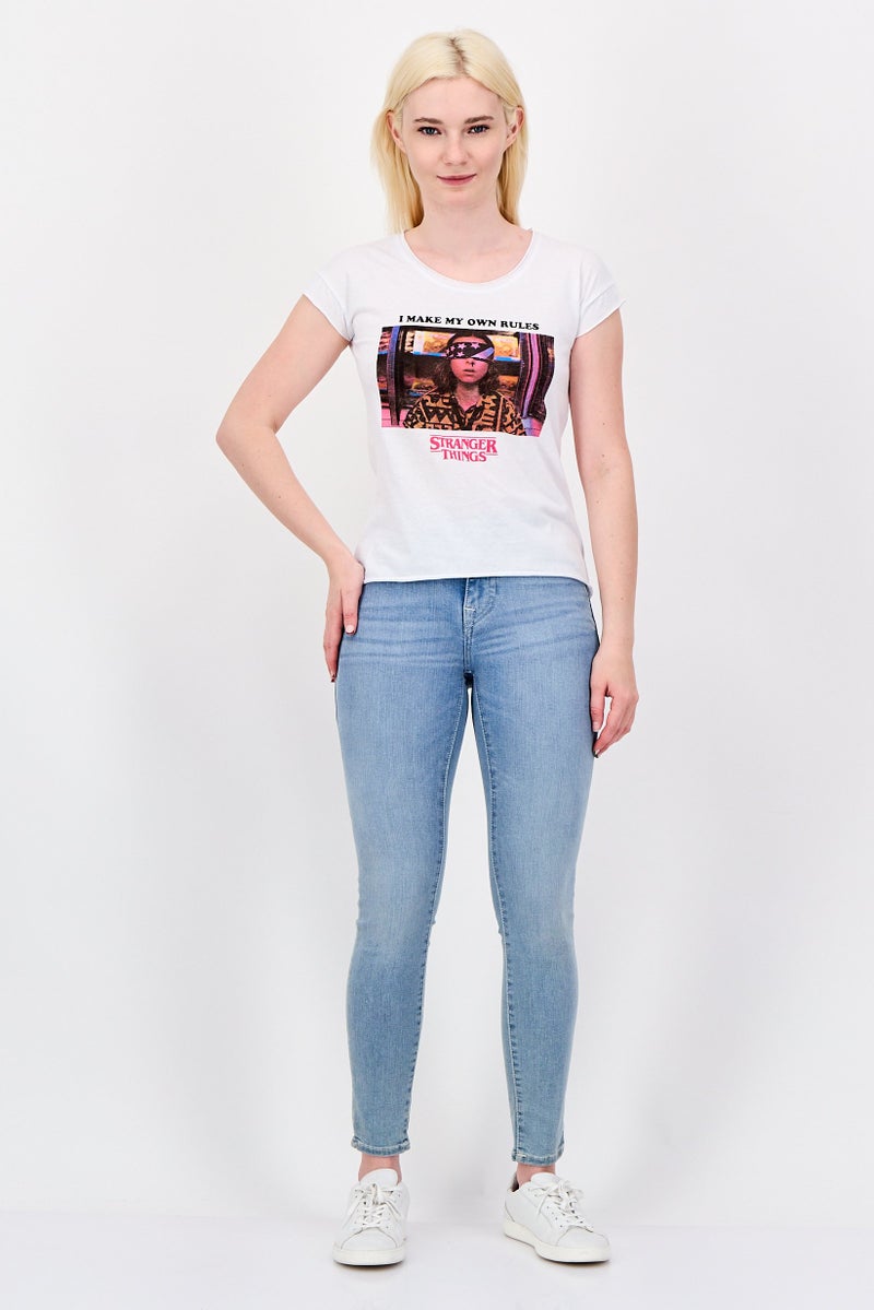 UNDIZ Women Round Neck Cap Sleeve Graphic Print T-shirt, White - Image 2