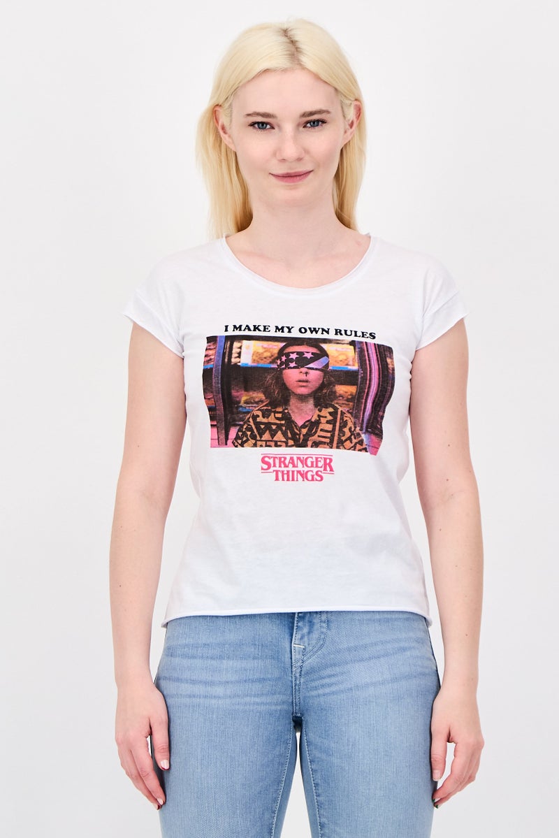 UNDIZ Women Round Neck Cap Sleeve Graphic Print T-shirt, White - Image 1