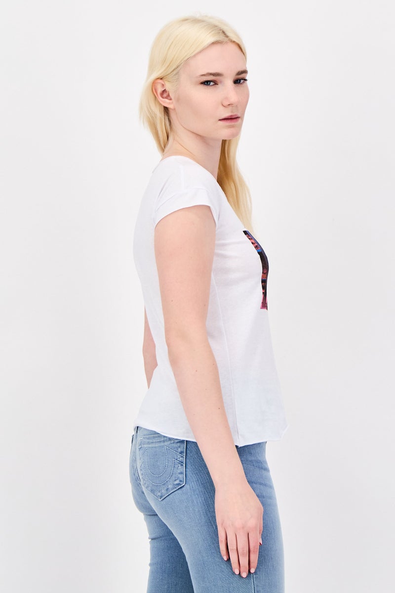 UNDIZ Women Round Neck Cap Sleeve Graphic Print T-shirt, White - Image 4