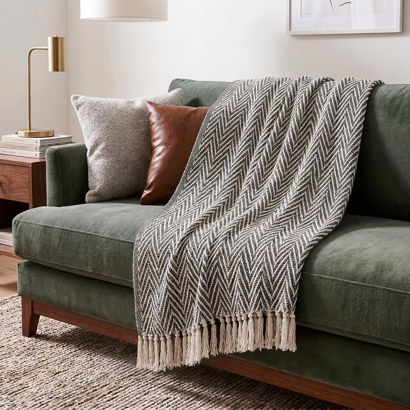 Americanflat 100% Cotton Throw Blanket for Couch - 50x60 Black Cream Chevron Throw Blanket for Bed or Sofa - Machine Washable, All Seasons Neutral Lightweight Throw Blanket for Indoor or Outdoor Use - Image 1