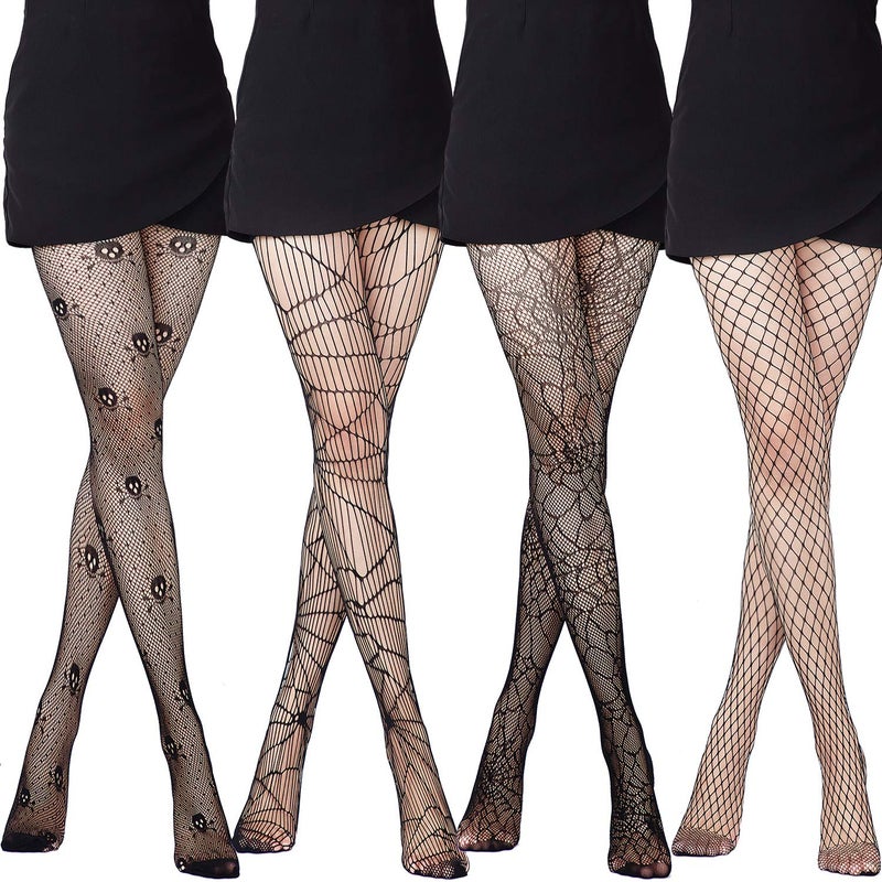 SATINIOR 4 Pcs Halloween Fishnet Tights Fishnet Thigh High Stockings Goth Skull Stocking for Women(Spider, Skeleton) - Image 1
