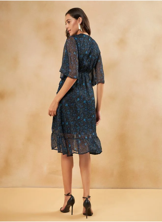 FEMELLA Paisley Print Ruffle Hem Wrap Midi Dress by Styli