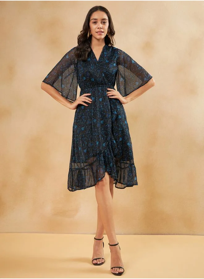 FEMELLA Paisley Print Ruffle Hem Wrap Midi Dress by Styli