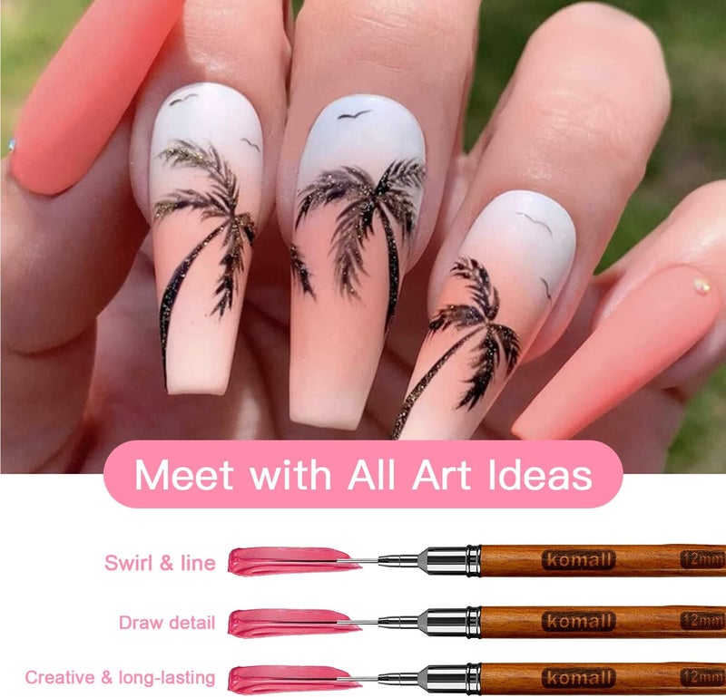 Komall Nail Art Brushes, 5Pcs Wooden Handle Liner Brush Set, UV Gel Polish Painting Art Design Pen for Long Lines, Thin Details, Fine Drawing Sizes 4/8/12/20/25mm(Natural) - Image 2
