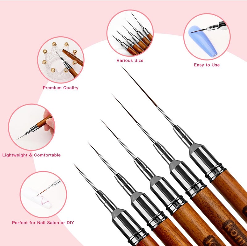 Komall Nail Art Brushes, 5Pcs Wooden Handle Liner Brush Set, UV Gel Polish Painting Art Design Pen for Long Lines, Thin Details, Fine Drawing Sizes 4/8/12/20/25mm(Natural) - Image 5