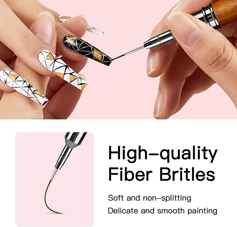 Komall Nail Art Brushes, 5Pcs Wooden Handle Liner Brush Set, UV Gel Polish Painting Art Design Pen for Long Lines, Thin Details, Fine Drawing Sizes 4/8/12/20/25mm(Natural) - Image 3