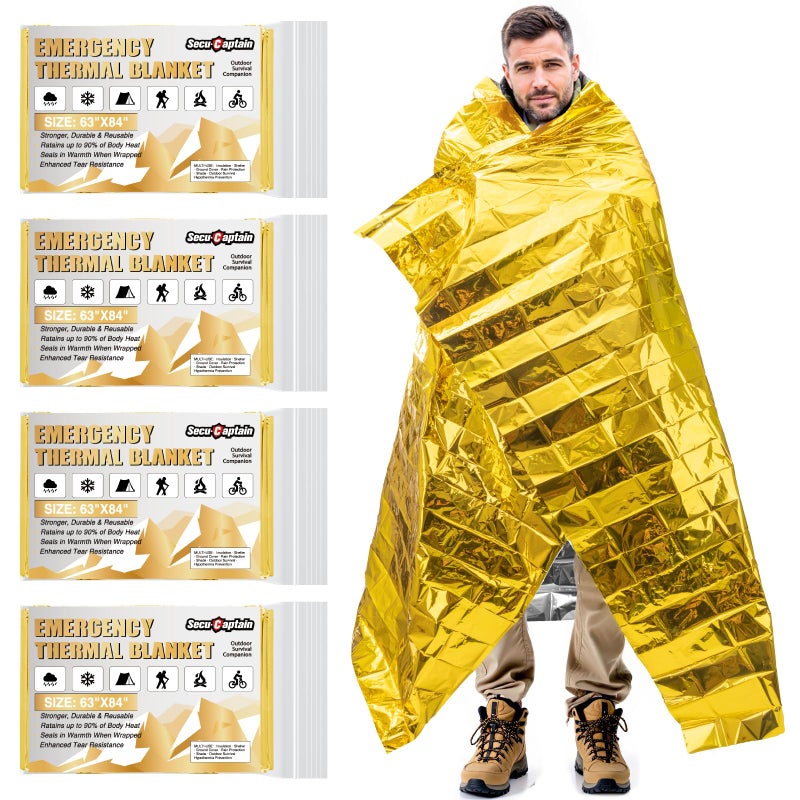 SecuCaptain Survival Emergency Thermal Blankets: Extra Large 84â€ x63â€ Space Mylar Blanket Kit for Outdoor Cold Winter Camping Hiking Car Bug Out Bag or First Aid - 4 Pack Gold - Image 1