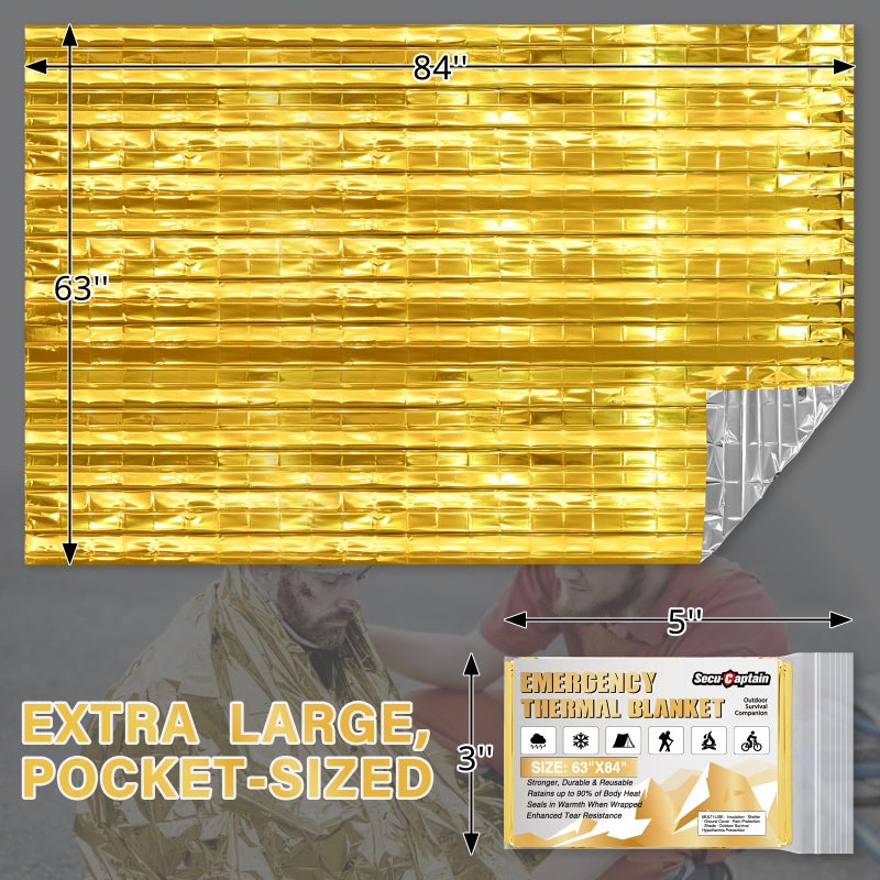 SecuCaptain Survival Emergency Thermal Blankets: Extra Large 84â€ x63â€ Space Mylar Blanket Kit for Outdoor Cold Winter Camping Hiking Car Bug Out Bag or First Aid - 4 Pack Gold - Image 3