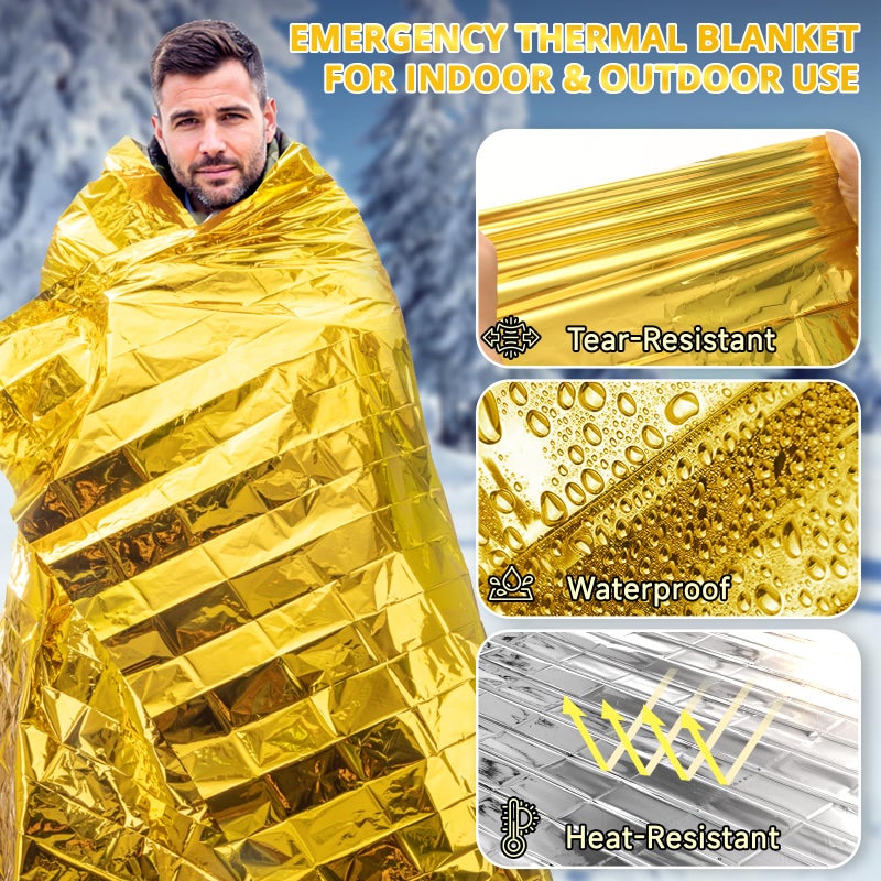 SecuCaptain Survival Emergency Thermal Blankets: Extra Large 84â€ x63â€ Space Mylar Blanket Kit for Outdoor Cold Winter Camping Hiking Car Bug Out Bag or First Aid - 4 Pack Gold - Image 4