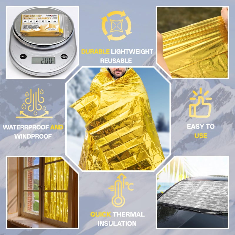 SecuCaptain Survival Emergency Thermal Blankets: Extra Large 84â€ x63â€ Space Mylar Blanket Kit for Outdoor Cold Winter Camping Hiking Car Bug Out Bag or First Aid - 4 Pack Gold - Image 5