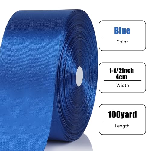 NESCCI 100 Yards Ribbon,1-1/2 Inch Royal Blue Satin Ribbon,Single Face Satin Ribbons,Perfect for Gift Wrapping,Wedding Decoration,Handmade Bows,Wrapping Bouquet and More - Image 2