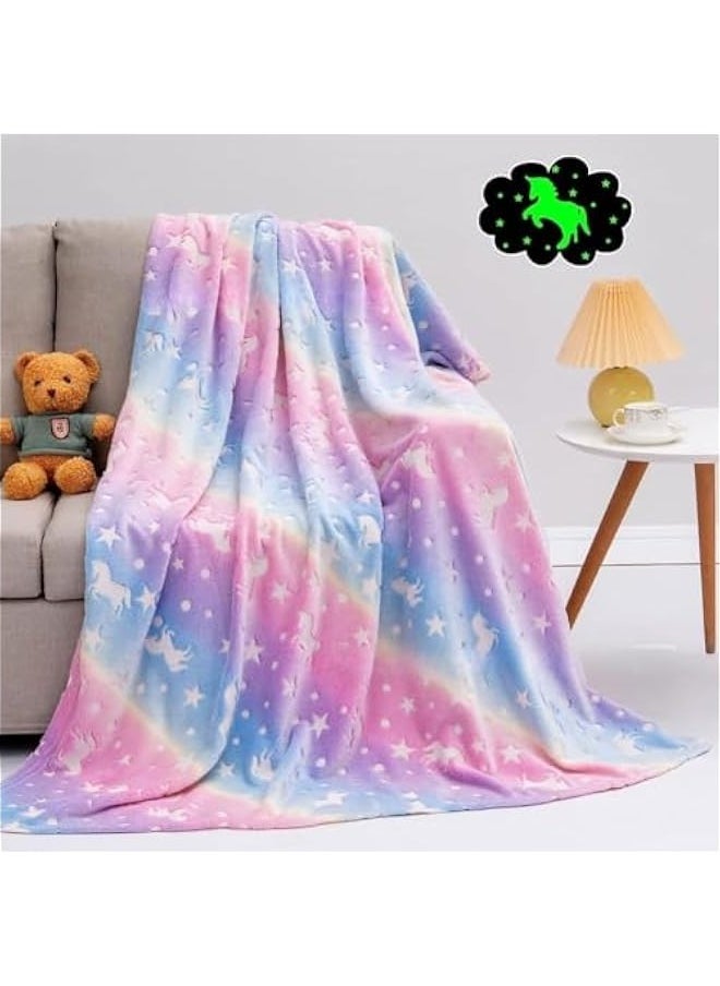 TRASSLE Glow in The Dark Throw Blanket for Boys Girls, Luminous Rainbow Blanket Birthday, Cozy Soft Fluffy Flannel Fleece Nap Sleep Blankets,for 3-12 Years Old Kids  - Image 1
