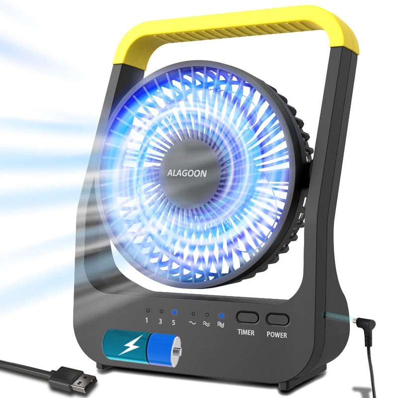 ALAGOON Portable Desk Fan D Battery Operated Fan for Hurricane Powered Fan by USB Cable 214H Long Lasting with Timer 6 Portable for Outdoor Camping Quiet 3 Speeds for Office Bedroom