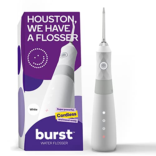 BURST Electric Water Flosser for Teeth Cleaning 3 ModesWhite Cordless Plaque Removal Between Braces Dental Work Portable Floss Refillable 110mL Tank