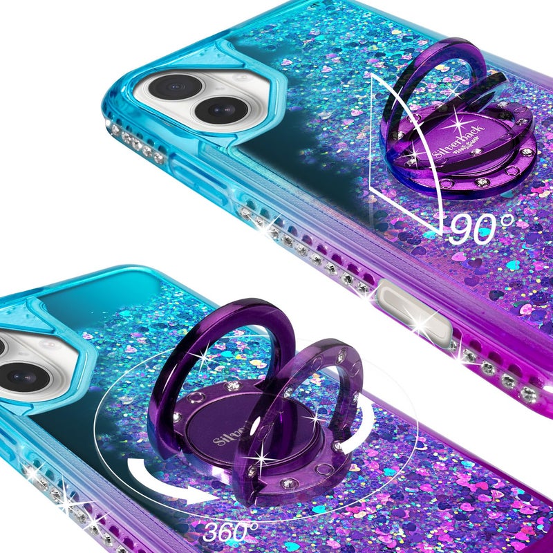 Silverback for iPhone 16 Case, Moving Liquid Holographic Sparkle Glitter Case with Kickstand, Girls Women Bling Diamond Ring Protective Case for iPhone 16 - Purple - Image 3