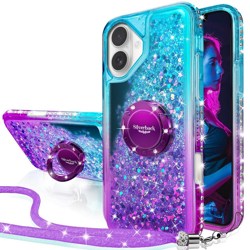 Silverback for iPhone 16 Case, Moving Liquid Holographic Sparkle Glitter Case with Kickstand, Girls Women Bling Diamond Ring Protective Case for iPhone 16 - Purple - Image 1