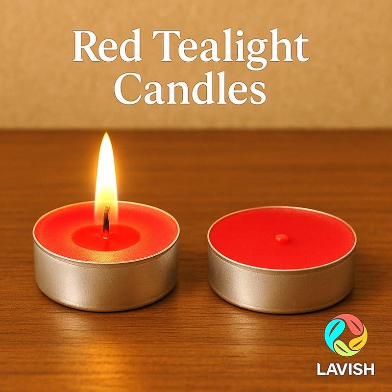 Lavish Tea Candles 50 PCS Unscented Smokeless Red Tealight Candles with Cotton Wick | 2-Hour Burn Time | For Ramadan, Eid, Diwali, Puja, Wedding, Christmas & Shabbat - Image 3