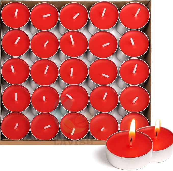 Lavish Tea Candles 50 PCS Unscented Smokeless Red Tealight Candles with Cotton Wick | 2-Hour Burn Time | For Ramadan, Eid, Diwali, Puja, Wedding, Christmas & Shabbat - Image 1