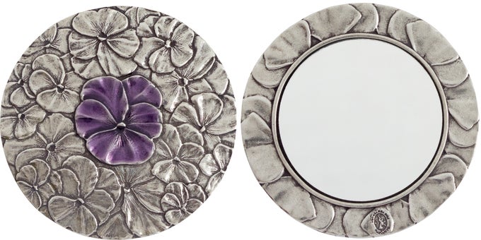 PEWTER PANSY PURSE MIRROR HANDMADE HANDHELD MIRROR FOR WOMEN PURPLE FLOWER GIFT ACCESSORIES MADE IN USA 3 INCHES