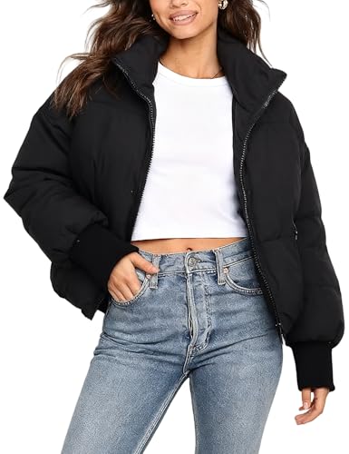 UANEO Puffer Jacket Womens Oversized Cropped Puffy Quilted Winter Jackets Coat (Black-S) - Image 1