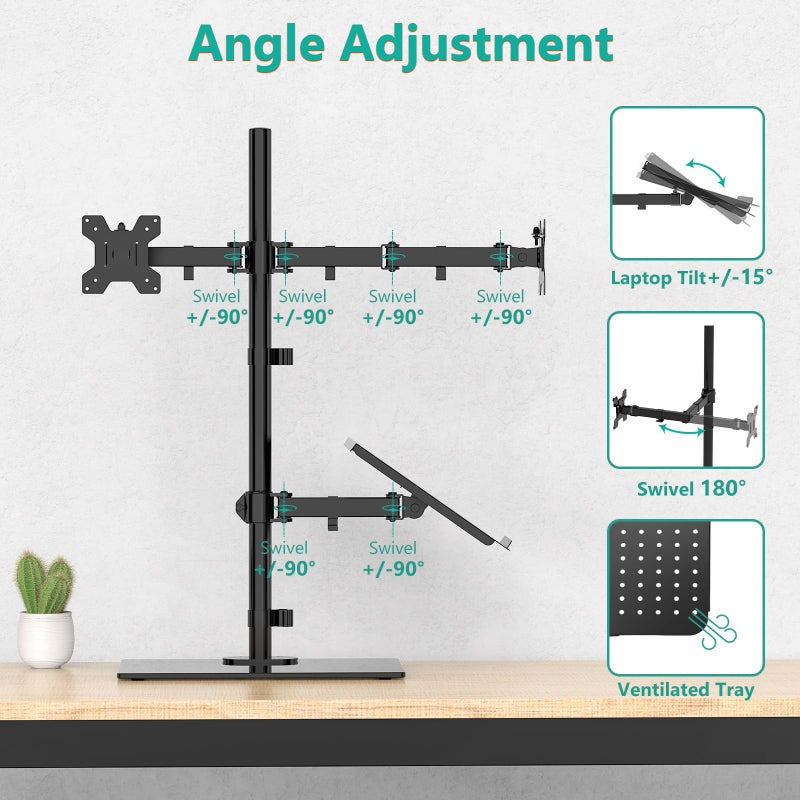 WALI Dual Monitor Stand with Laptop Holder, Height Adjustable Laptop Stand for Desk, Fits up to 27 inch Monitors and 17 inch Laptops, Freestanding Dual Monitor Mount with Glass Base(GMF003LP), Black - Image 3