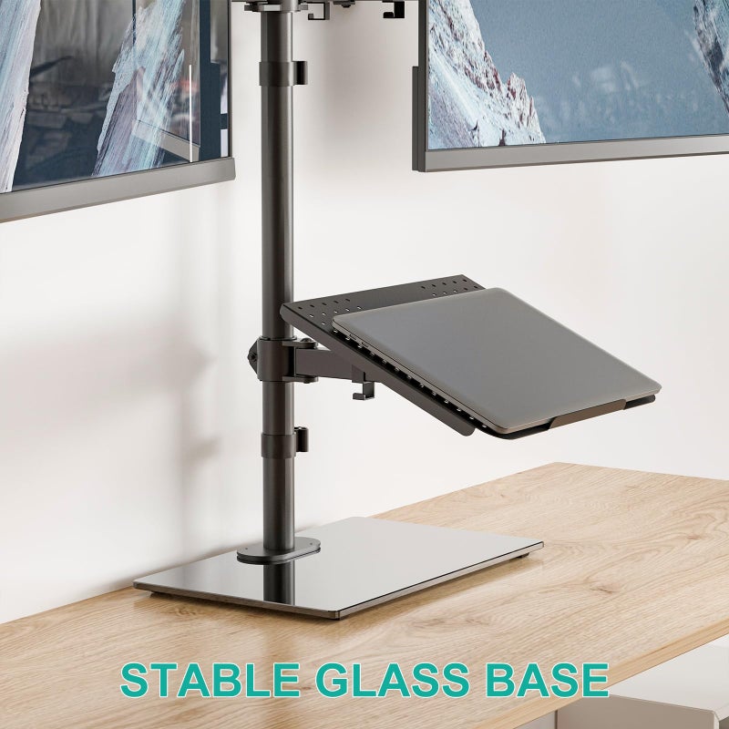 WALI Dual Monitor Stand with Laptop Holder, Height Adjustable Laptop Stand for Desk, Fits up to 27 inch Monitors and 17 inch Laptops, Freestanding Dual Monitor Mount with Glass Base(GMF003LP), Black - Image 5