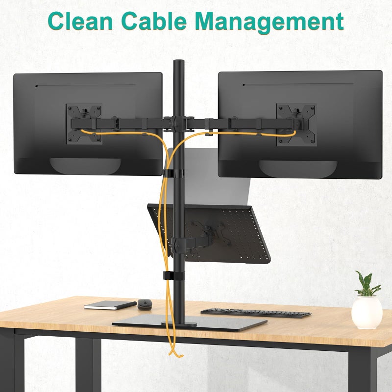 WALI Dual Monitor Stand with Laptop Holder, Height Adjustable Laptop Stand for Desk, Fits up to 27 inch Monitors and 17 inch Laptops, Freestanding Dual Monitor Mount with Glass Base(GMF003LP), Black - Image 4