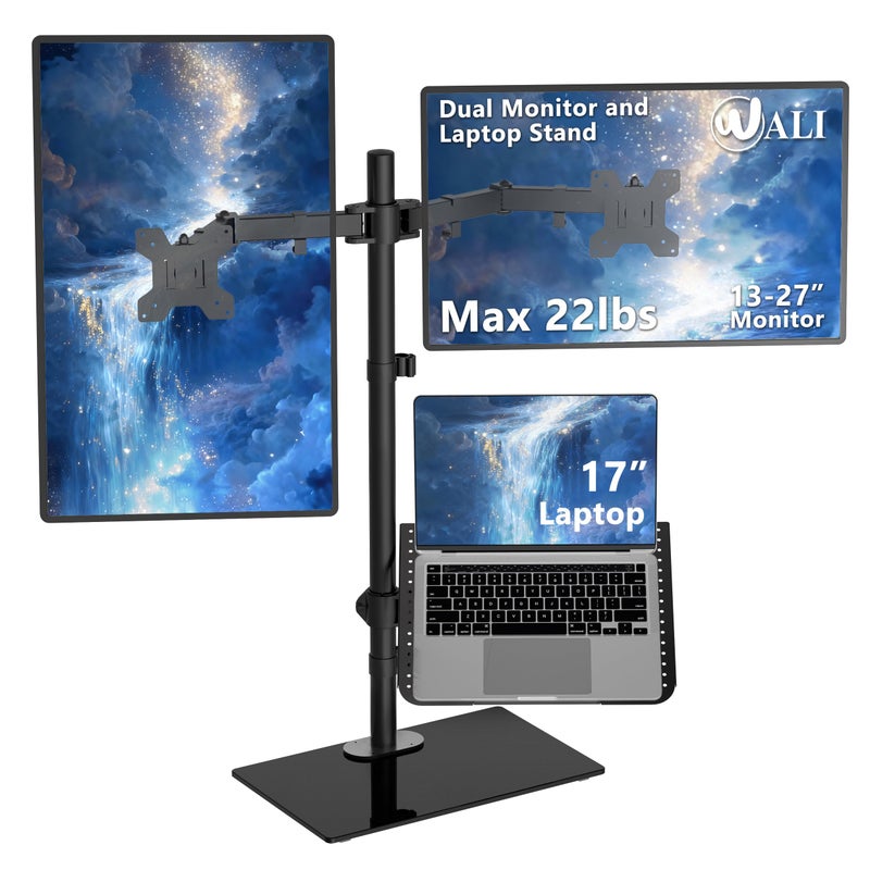 WALI Dual Monitor Stand with Laptop Holder, Height Adjustable Laptop Stand for Desk, Fits up to 27 inch Monitors and 17 inch Laptops, Freestanding Dual Monitor Mount with Glass Base(GMF003LP), Black - Image 1