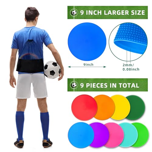 PIKZH Poly Spot Markers 9.1 inch 9 Pcs Non-Slip Rubber Agility Training Markers Floor Dots Flat Field Cones for Football, Soccer Ball, School Exercise Drills, Gym Dance Practice 9 Colors TPE - Image 4