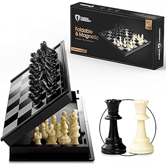 Chess Armory Magnetic 9.5 Inches Travel Chess Set - Folding Board with Storage Box & 2 Extra Queen. - Image 1