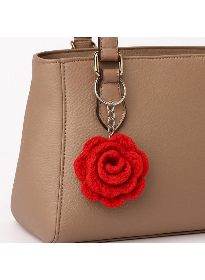 StylizShades حامل مفاتيح وردة محبوك يدويًا من ستايلز شيدز، حلقات مفاتيح زخرفية لحقيبة اليد، حلقات مفاتيح خفيفة أنيقة للفتيات، هدايا فريدة لعيد الميلاد، (أحمر) - Image 2