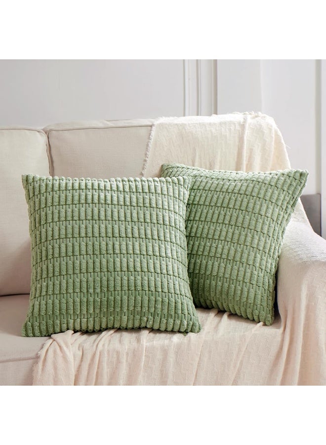 ريد ليف عبوتان من أغطية الوسائد الزخرفية باللون الأخضر الزيتوني مقاس 18×18 بوصة لغرفة المعيشة والأريكة والسرير، غطاء وسادة مربع من المخمل المخطط الناعم مقاس 45×45 سم، ديكور منزلي ريفي بوهيمي - Image 1