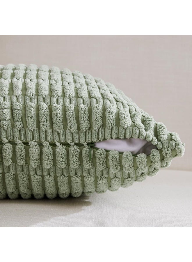 ريد ليف عبوتان من أغطية الوسائد الزخرفية باللون الأخضر الزيتوني مقاس 18×18 بوصة لغرفة المعيشة والأريكة والسرير، غطاء وسادة مربع من المخمل المخطط الناعم مقاس 45×45 سم، ديكور منزلي ريفي بوهيمي - Image 3