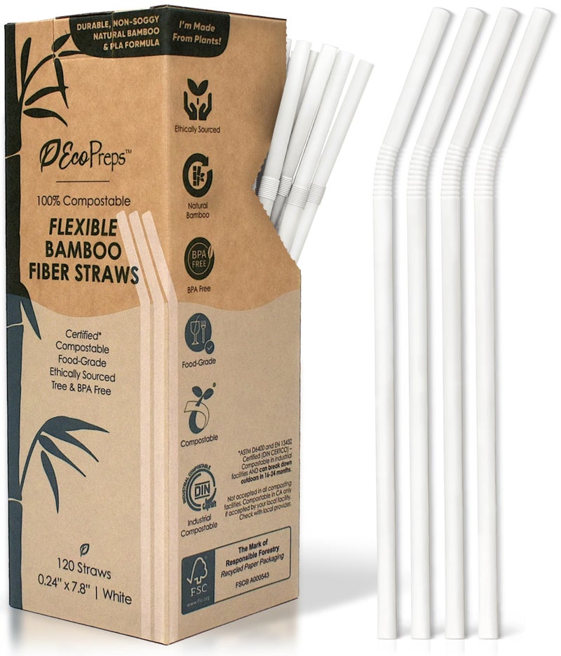 EcoPreps Flexible Biodegradable Bamboo Fiber Straws, 120 Count | 100% Compostable, Plastic-Free, Eco-Friendly Drinking Straws for Cold Drinks | 7.8'' Bendable, Disposable Bamboo Fiber Straw (120 PCS) - Image 1