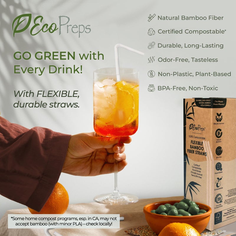EcoPreps Flexible Biodegradable Bamboo Fiber Straws, 120 Count | 100% Compostable, Plastic-Free, Eco-Friendly Drinking Straws for Cold Drinks | 7.8'' Bendable, Disposable Bamboo Fiber Straw (120 PCS) - Image 5