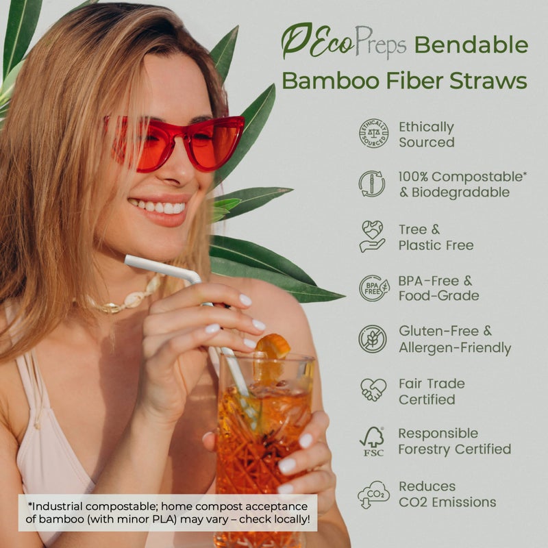 EcoPreps Flexible Biodegradable Bamboo Fiber Straws, 120 Count | 100% Compostable, Plastic-Free, Eco-Friendly Drinking Straws for Cold Drinks | 7.8'' Bendable, Disposable Bamboo Fiber Straw (120 PCS) - Image 2