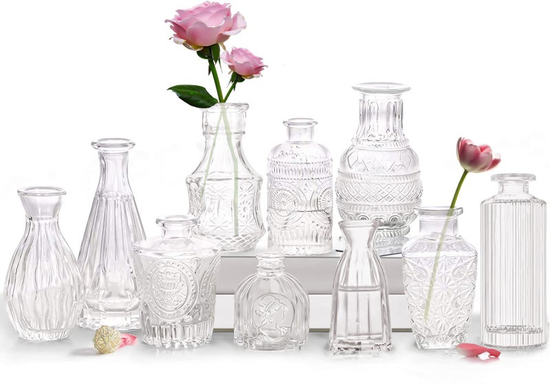 Bud Vases Set of 10 Small Flower Glass Vases for Centerpieces Cute Clear Crystal Bud Glass in Bulk Mini Vintage Design for Wedding Decorations Party Table Flower Decor